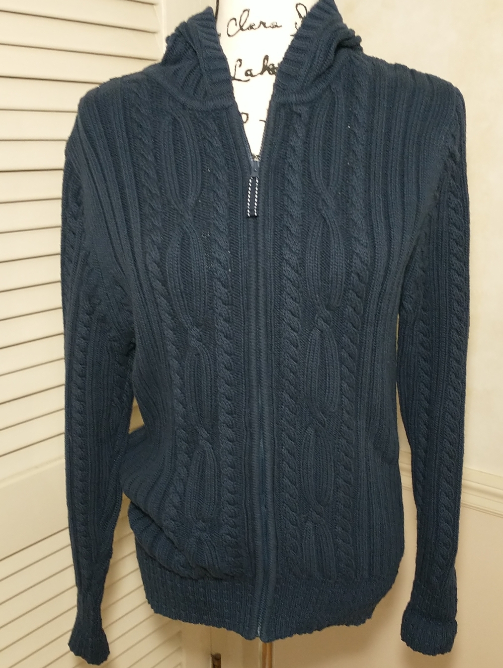 Lands End Thick Navy Blue Cableโ Knit Zip Up Hoodie, Size L, Fall, Cottage Core